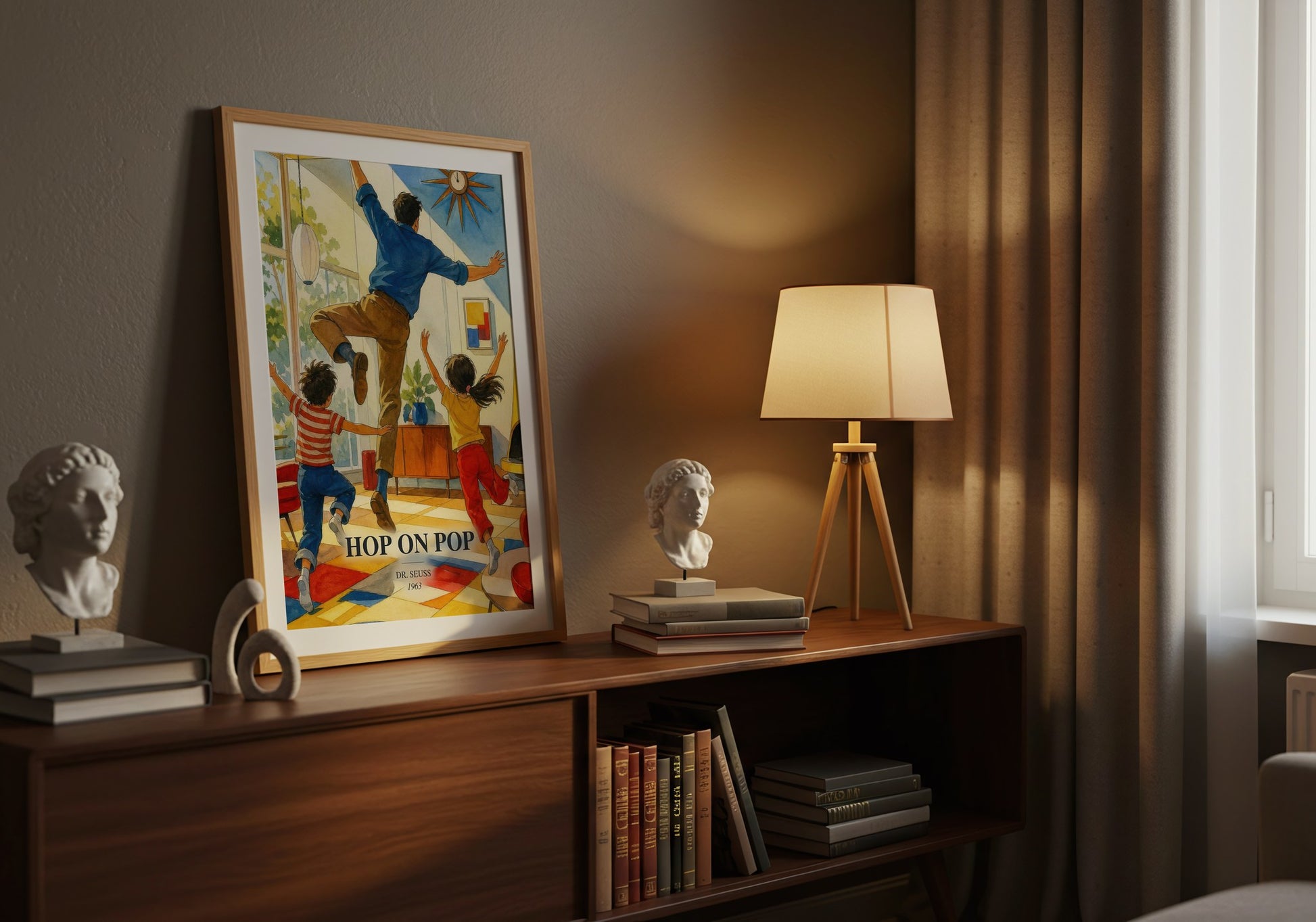 Hop On Pop watercolour print on bookshelf – Dr. Seuss fan gift