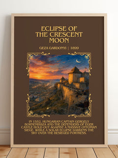 Eclipse of the Crescent Moon Minimalist Book Poster by Géza Gárdonyi – framed print leaning on a wooden floor