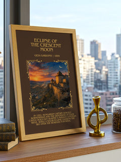 Eclipse of the Crescent Moon Minimalist Book Poster by Géza Gárdonyi – framed print on a city-view windowsill