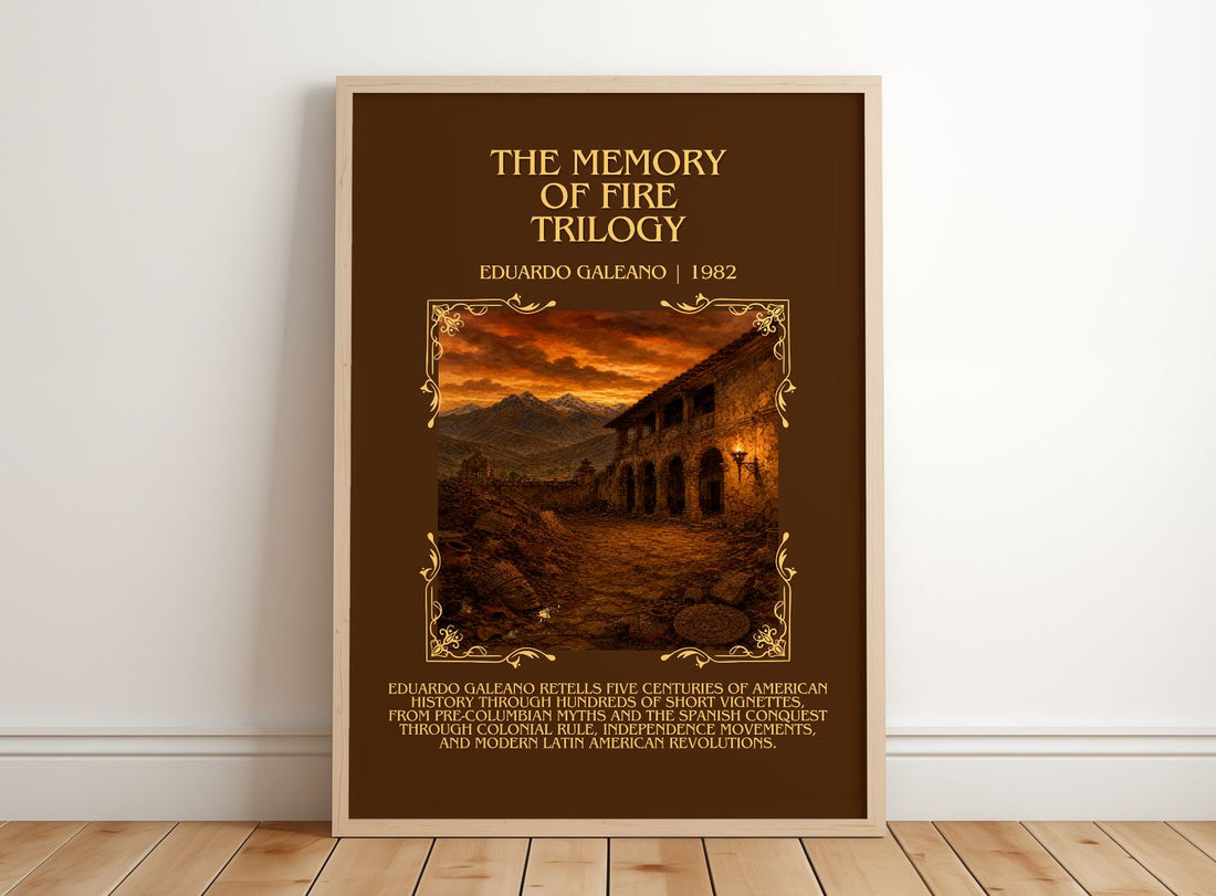 The Memory of Fire Trilogy Minimalist Book Poster by Eduardo Galeano – framed print leaning on a wooden floor