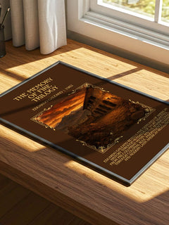 The Memory of Fire Trilogy Minimalist Book Poster by Eduardo Galeano – print on a sunlit desk