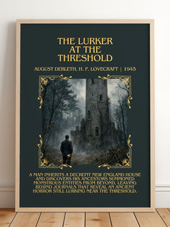 Lurker At The Threshold Minimalist Book Poster by A. Lovecraft – framed print leaning on a wooden floor