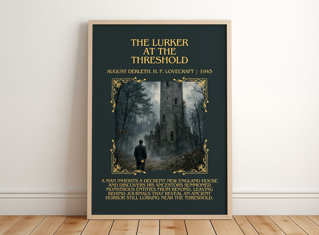 Lurker At The Threshold Minimalist Book Poster by A. Lovecraft – framed print leaning on a wooden floor