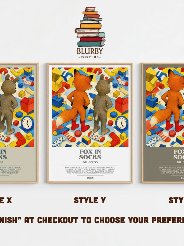 Fox In Socks bookish print in frame leaning in hallway – childrens wall art
