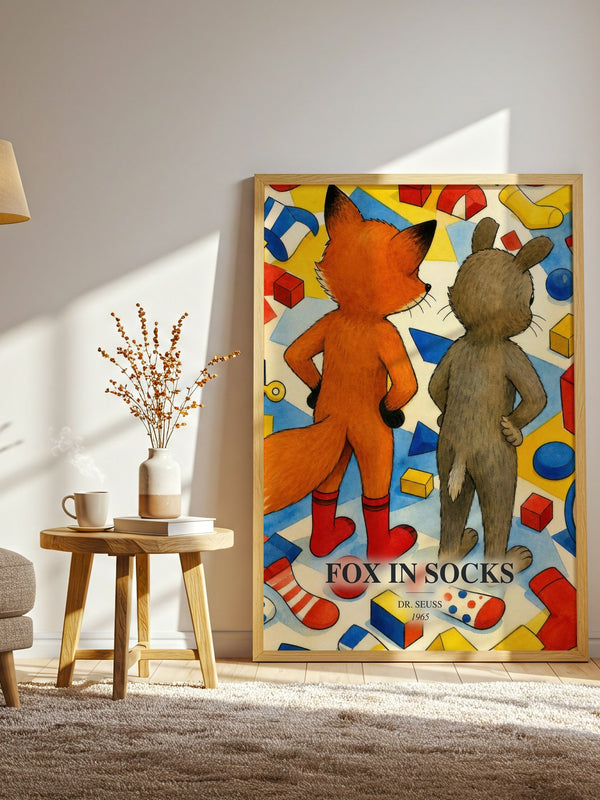 Fox In Socks watercolour print in frame leaning in hallway – childrens wall art