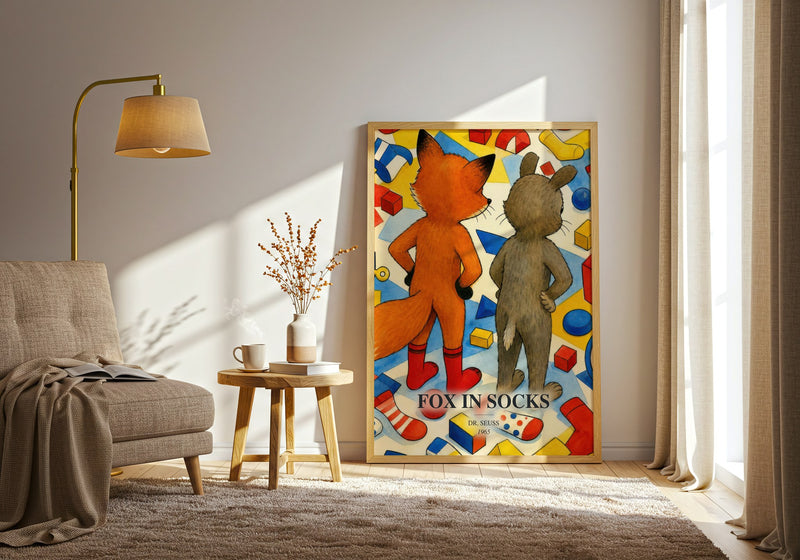 Fox In Socks watercolour print in frame leaning in hallway – childrens wall art