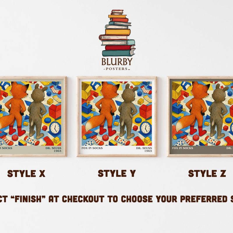 Fox In Socks literary print in frame leaning in hallway – childrens wall art