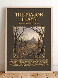 The Major Plays Minimalist Book Poster by Anton Chekhov – framed print leaning on a wooden floor