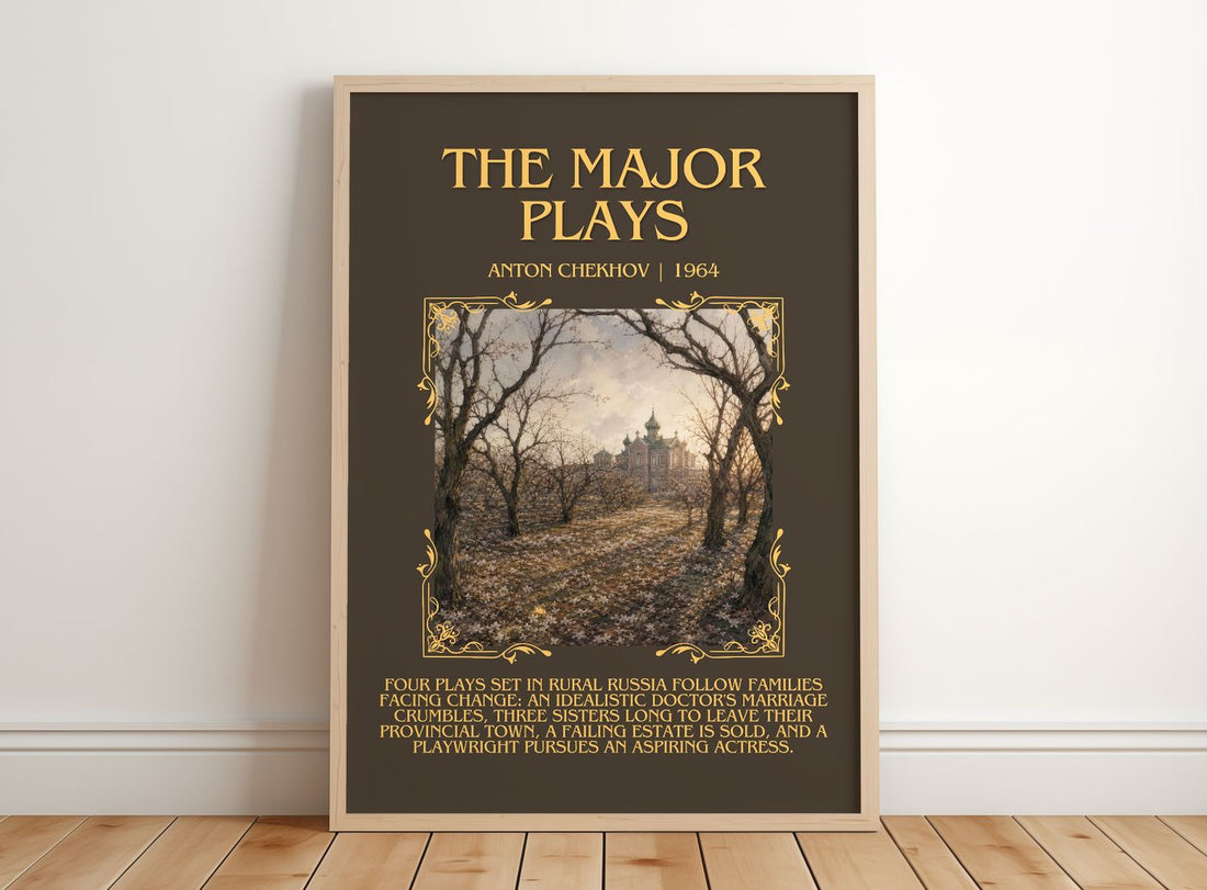 The Major Plays Minimalist Book Poster by Anton Chekhov – framed print leaning on a wooden floor