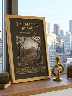 The Major Plays Minimalist Book Poster by Anton Chekhov – framed print on a city-view windowsill