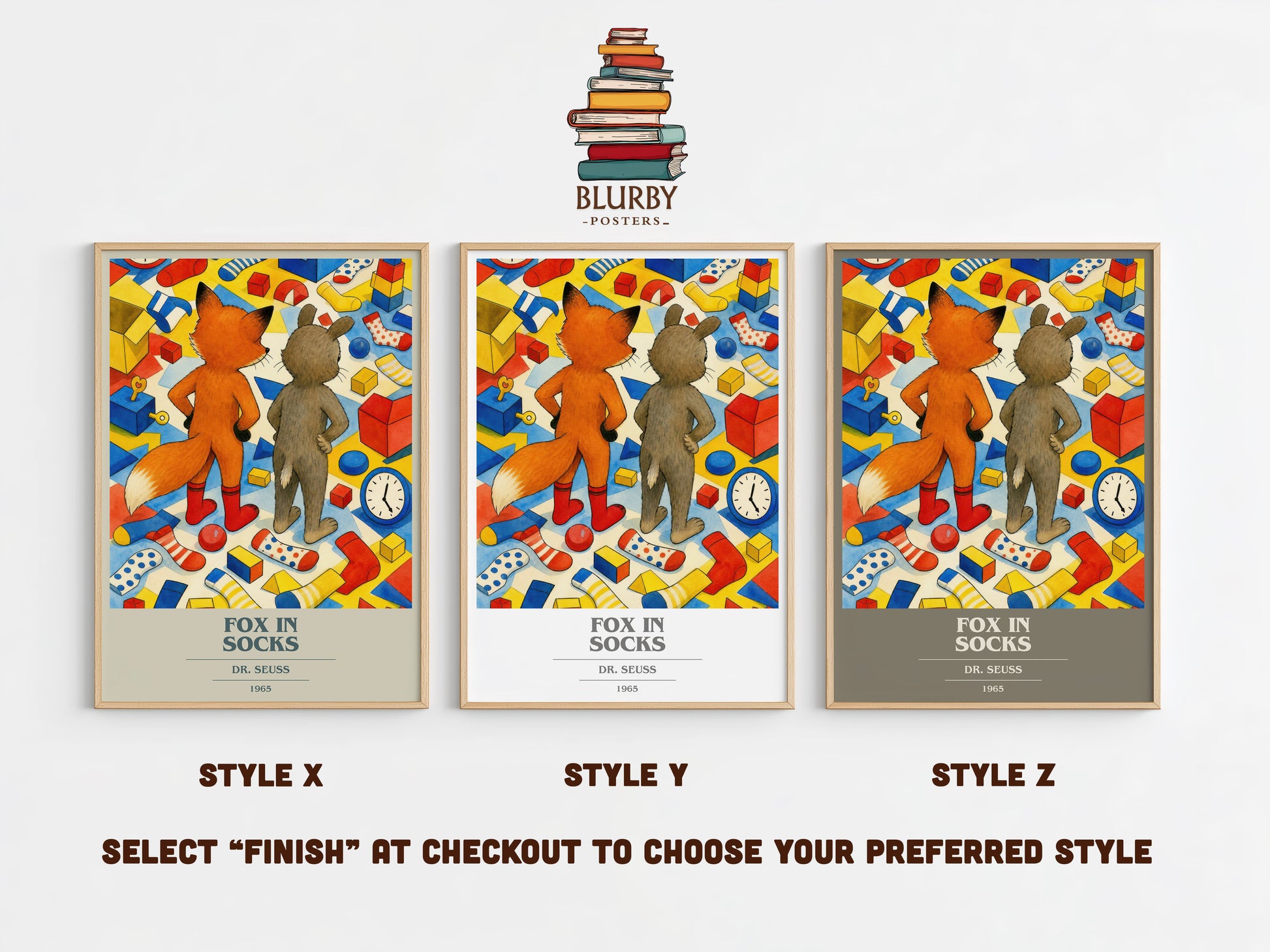 Fox In Socks book cover print in frame leaning in hallway – childrens wall art