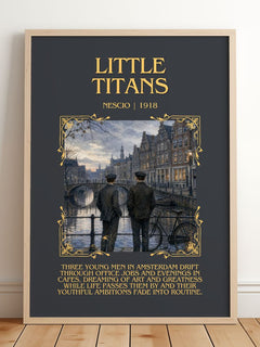 Little Titans Minimalist Book Poster by Nescio – framed print leaning on a wooden floor
