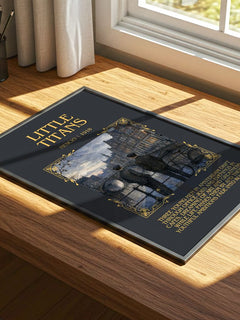 Little Titans Minimalist Book Poster by Nescio – print on a sunlit desk