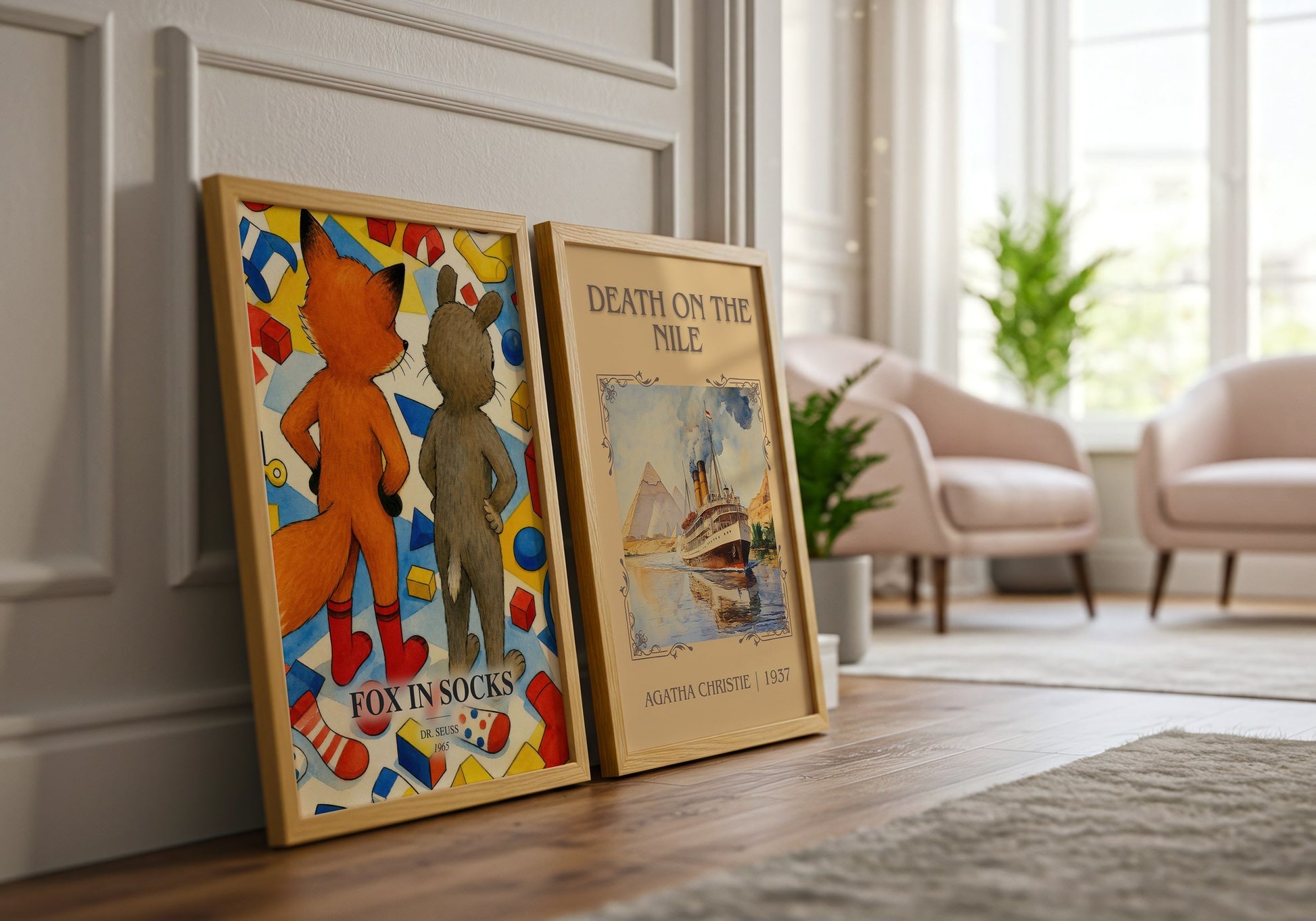 Fox In Socks watercolour print framed by window – literary home decor