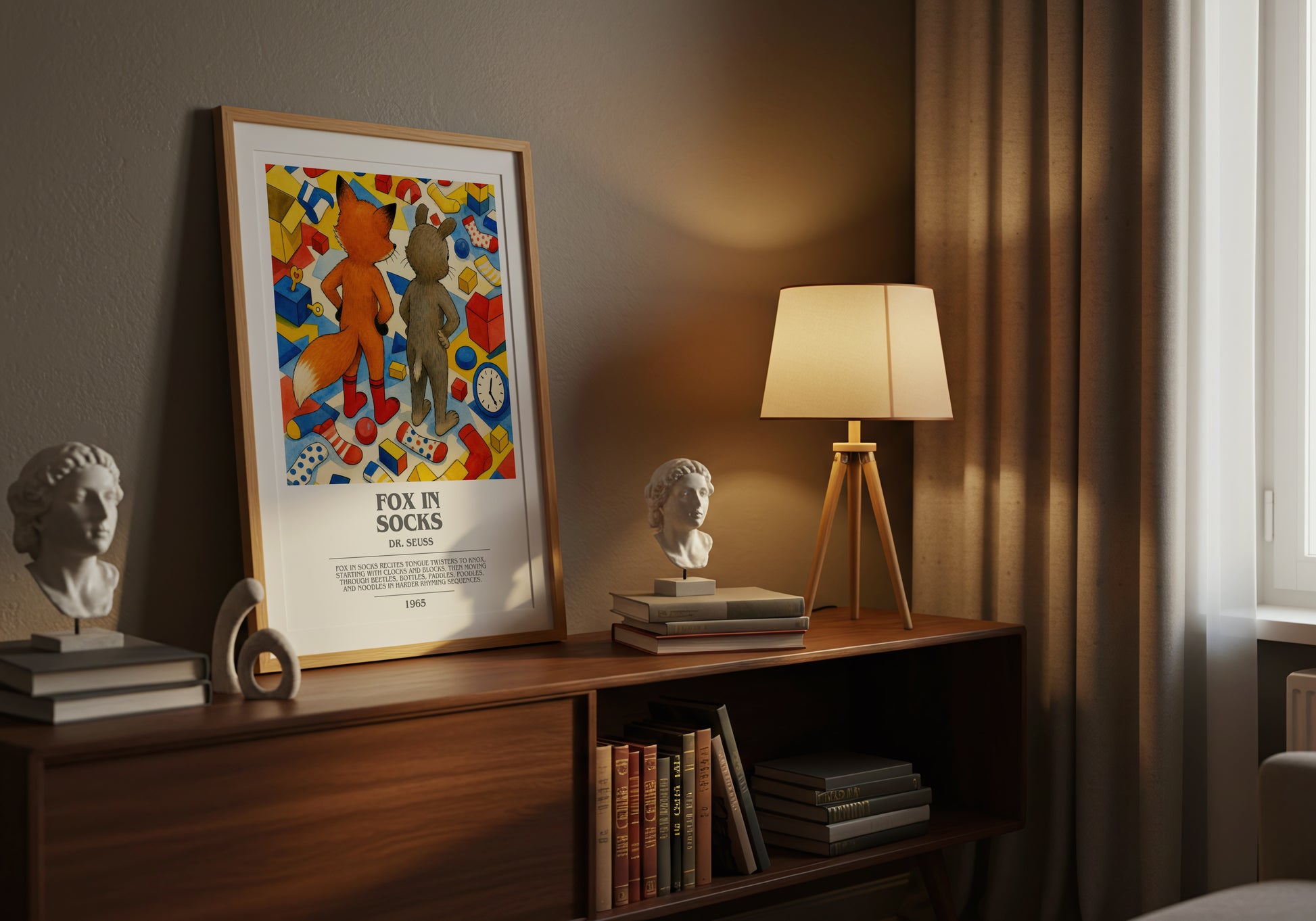 Fox In Socks bookish book poster framed on wall – childrens wall art