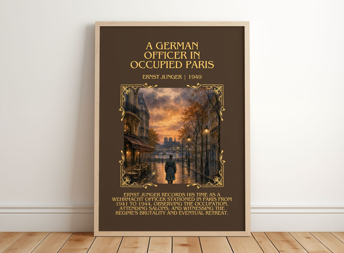 German Officer in Occupied Paris Minimalist Book Poster by E. Jünger – framed print leaning on a wooden floor