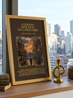 German Officer in Occupied Paris Minimalist Book Poster by E. Jünger – framed print on a city-view windowsill