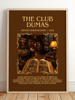 The Club Dumas Minimalist Book Poster by Arturo Pérez-Reverte – framed print leaning on a wooden floor