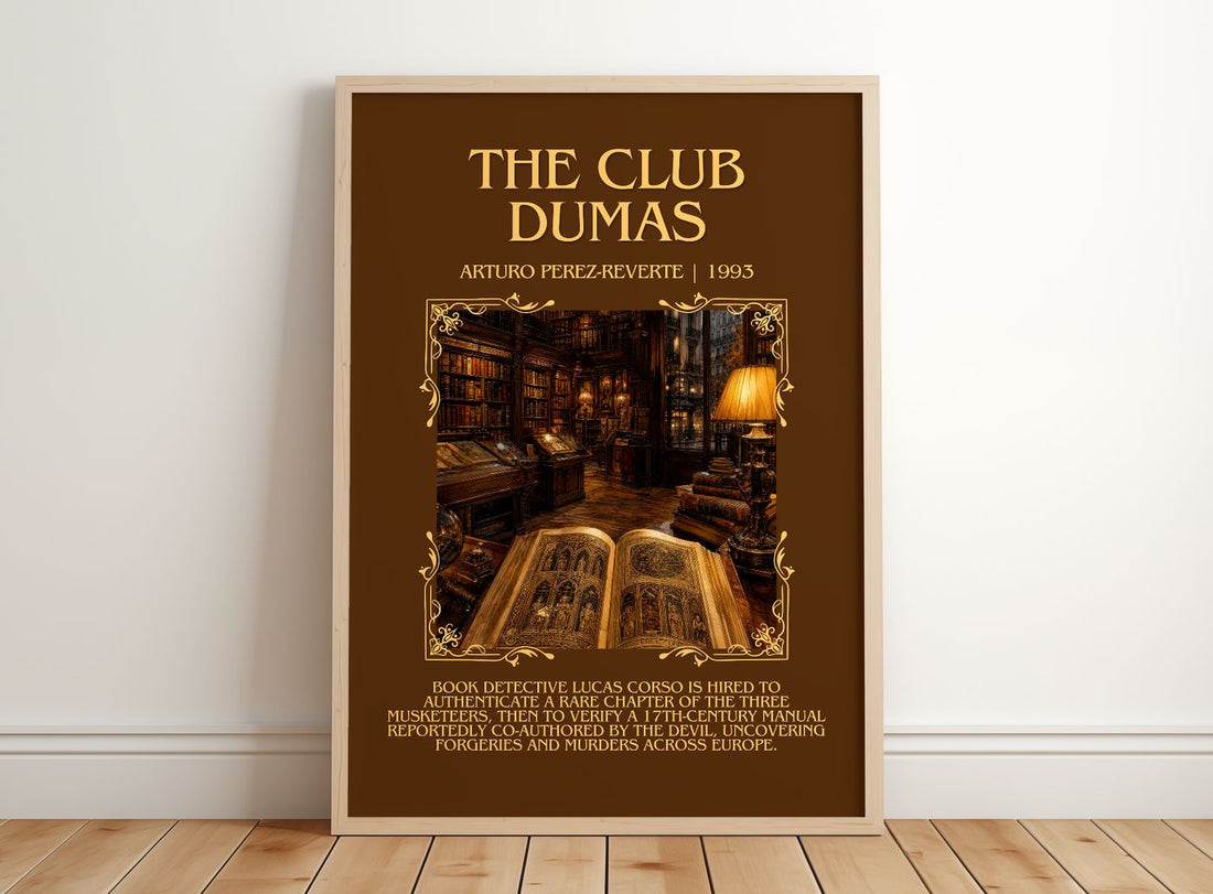 The Club Dumas Minimalist Book Poster by Arturo Pérez-Reverte – framed print leaning on a wooden floor