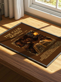 The Club Dumas Minimalist Book Poster by Arturo Pérez-Reverte – print on a sunlit desk