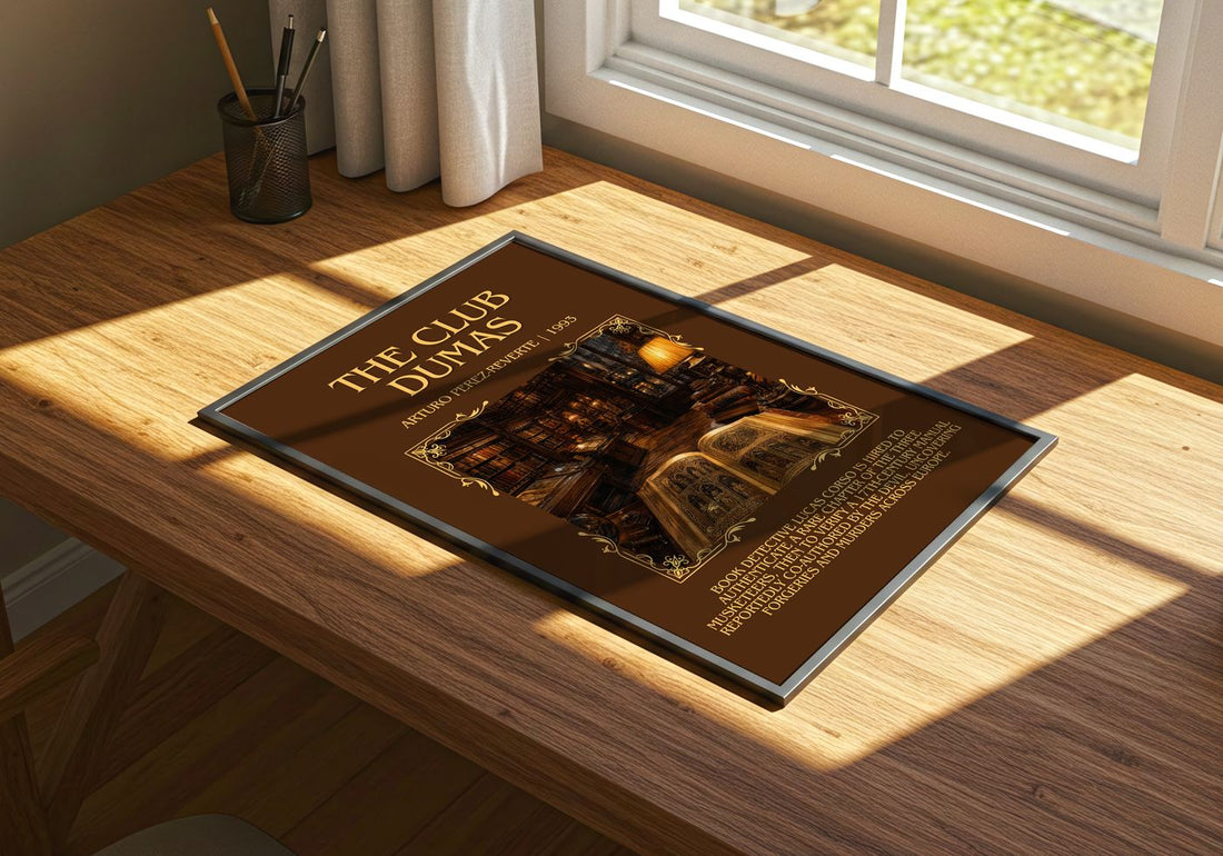 The Club Dumas Minimalist Book Poster by Arturo Pérez-Reverte – print on a sunlit desk