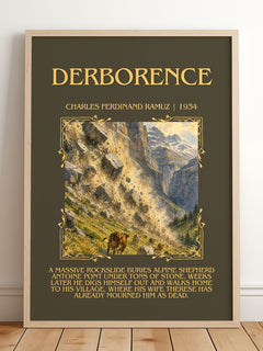 Derborence Minimalist Book Poster by Charles Ferdinand Ramuz – framed print leaning on a wooden floor