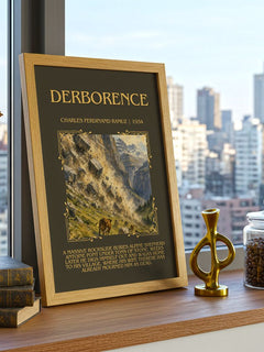 Derborence Minimalist Book Poster by Charles Ferdinand Ramuz – framed print on a city-view windowsill