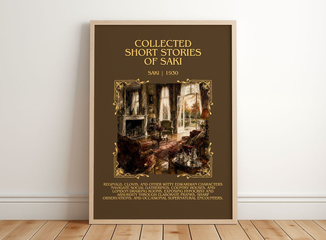 Collected Short Stories of Saki Minimalist Book Poster by Saki – framed print leaning on a wooden floor