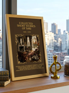 Collected Short Stories of Saki Minimalist Book Poster by Saki – framed print on a city-view windowsill