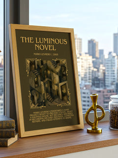 The Luminous Novel Minimalist Book Poster by Mario Levrero – framed print on a city-view windowsill