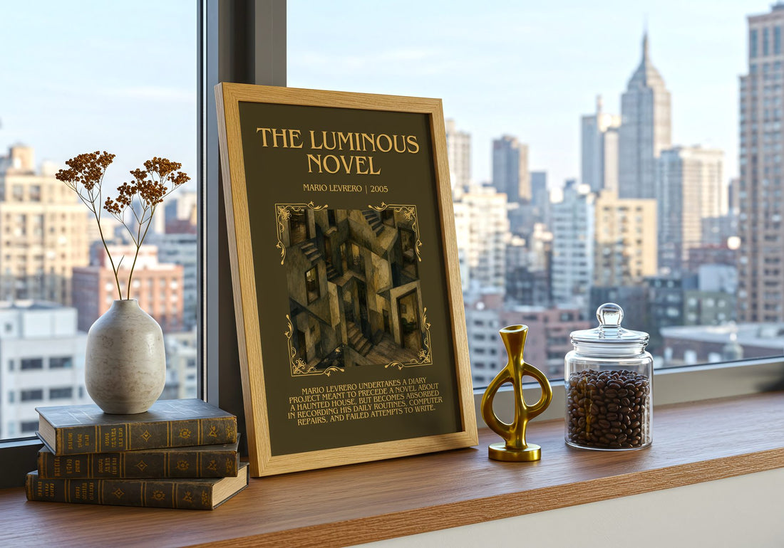 The Luminous Novel Minimalist Book Poster by Mario Levrero – framed print on a city-view windowsill