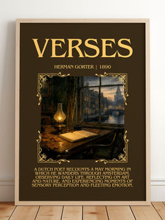 Verses Minimalist Book Poster by Herman Gorter – framed print leaning on a wooden floor