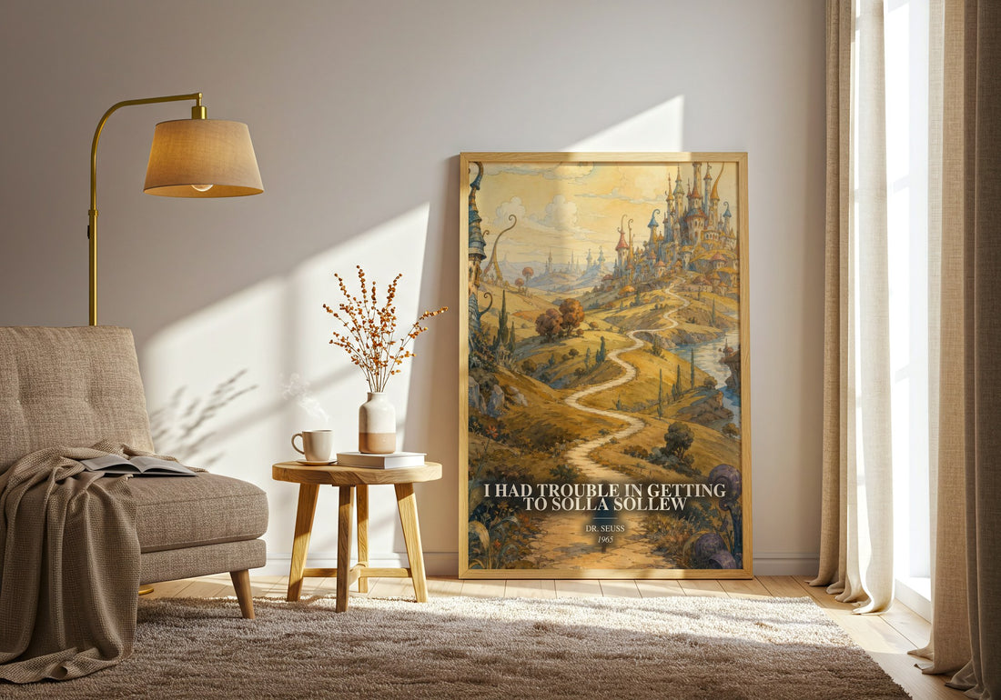 I Had Trouble In Getting To Solla Sollew watercolour print in frame leaning in hallway – childrens wall art (mockup)