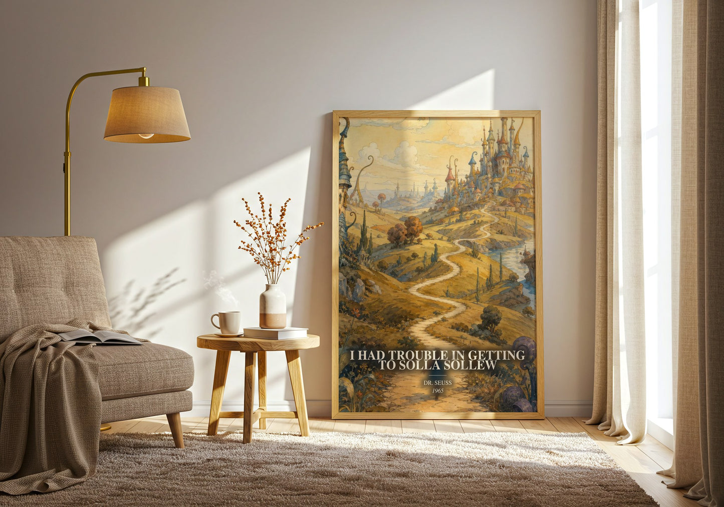 I Had Trouble In Getting To Solla Sollew watercolour print in frame leaning in hallway – childrens wall art