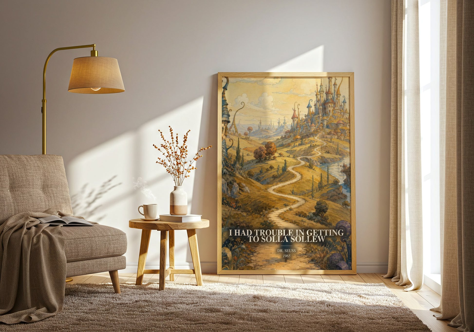 I Had Trouble In Getting To Solla Sollew watercolour print in frame leaning in hallway – childrens wall art