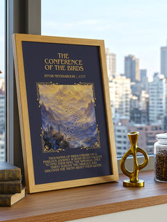 Conference Of The Birds Minimalist Book Poster by Attar Neyshabouri – framed print on a city-view windowsill