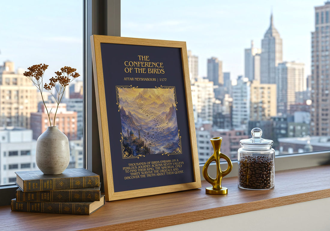 Conference Of The Birds Minimalist Book Poster by Attar Neyshabouri – framed print on a city-view windowsill