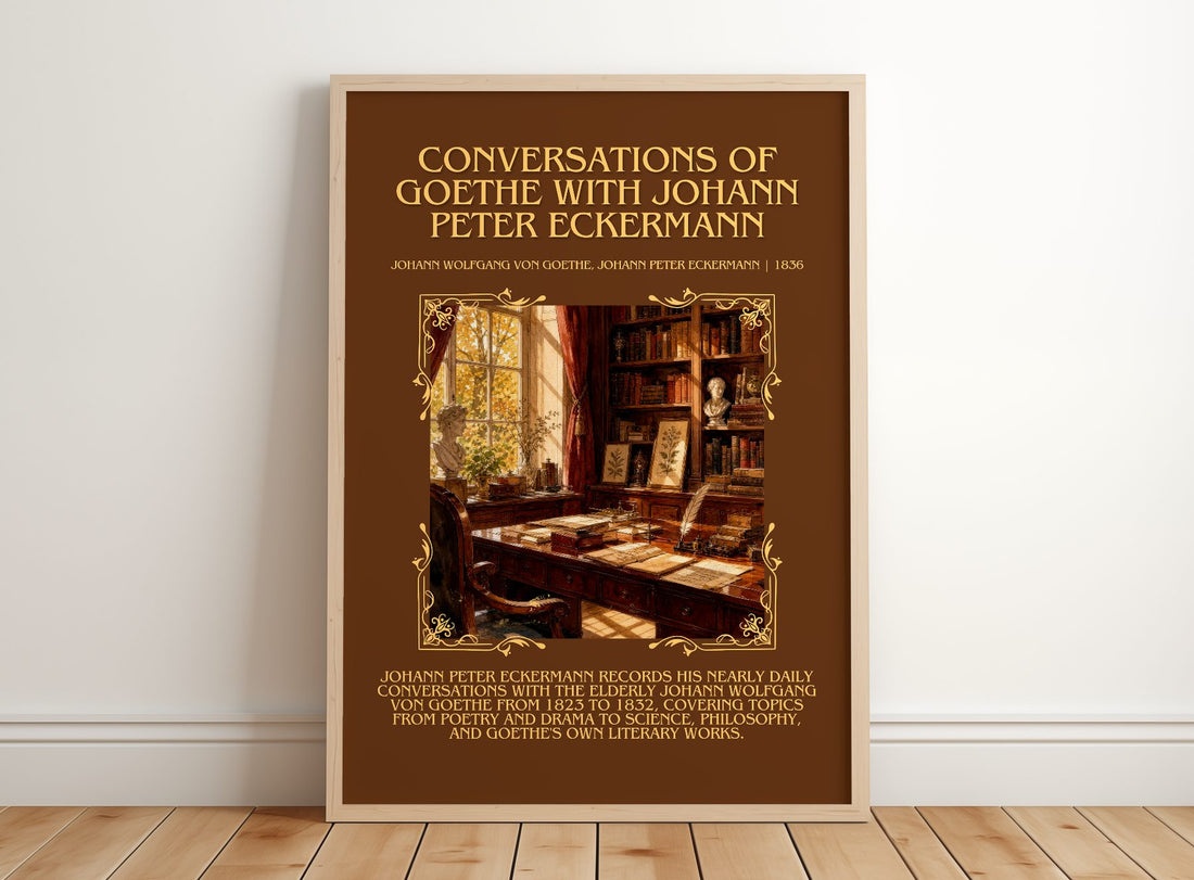 Conversations Of Goethe With Johann Peter Eckermann Minimalist Book Poster by Johann Wolfgang von Goethe, Johann Peter Eckermann – framed print leaning on a wooden floor