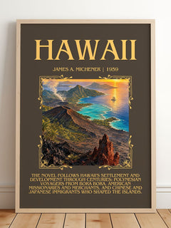 Hawaii Minimalist Book Poster by James A. Michener – framed print leaning on a wooden floor