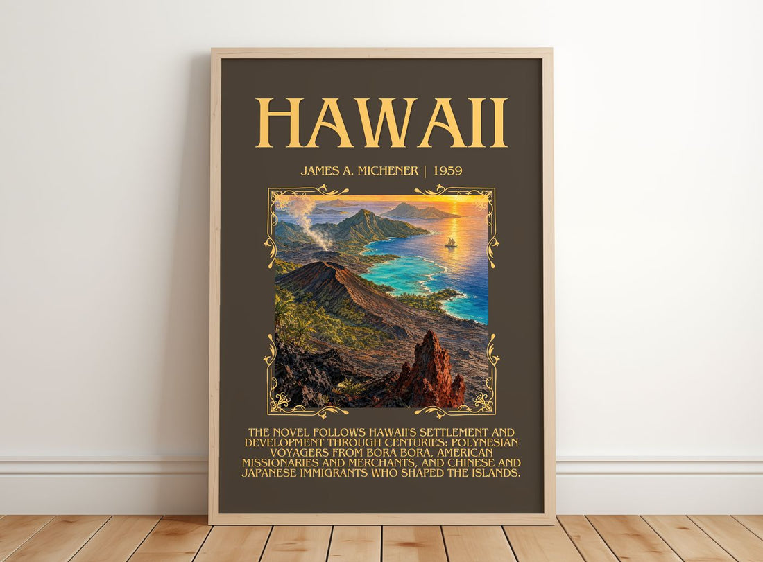 Hawaii Minimalist Book Poster by James A. Michener – framed print leaning on a wooden floor
