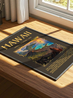 Hawaii Minimalist Book Poster by James A. Michener – print on a sunlit desk