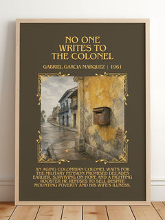 No One Writes to the Colonel Minimalist Book Poster by G. Márquez – framed print leaning on a wooden floor