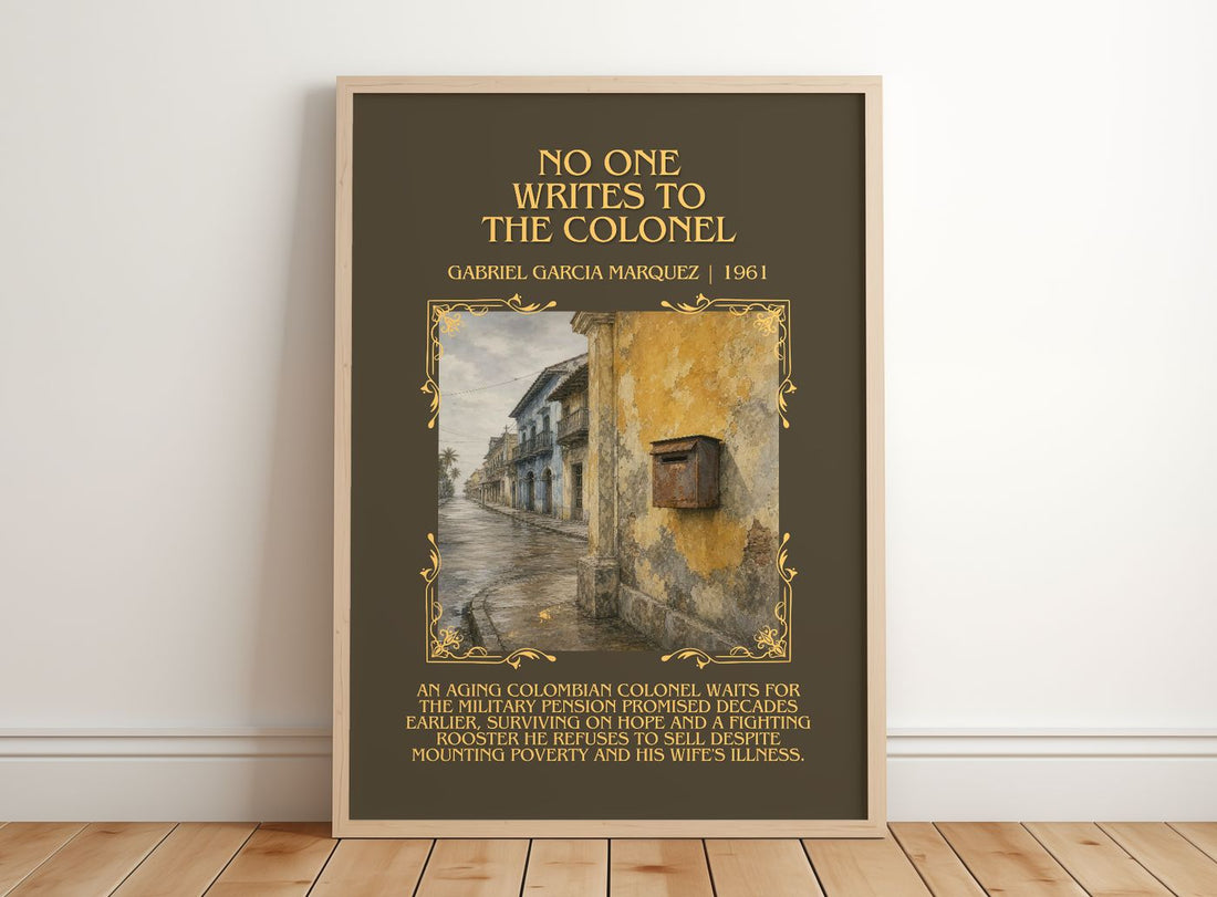 No One Writes to the Colonel Minimalist Book Poster by G. Márquez – framed print leaning on a wooden floor