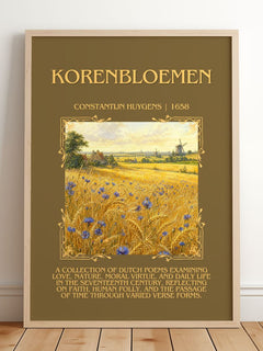 Korenbloemen Minimalist Book Poster by Constantijn Huygens – framed print leaning on a wooden floor