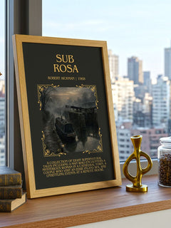 Sub Rosa Minimalist Book Poster by Robert Aickman – framed print on a city-view windowsill