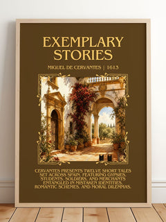 Exemplary Stories Minimalist Book Poster by Miguel de Cervantes – framed print leaning on a wooden floor