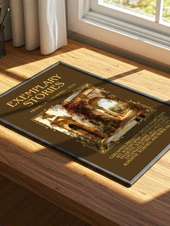 Exemplary Stories Minimalist Book Poster by Miguel de Cervantes – print on a sunlit desk