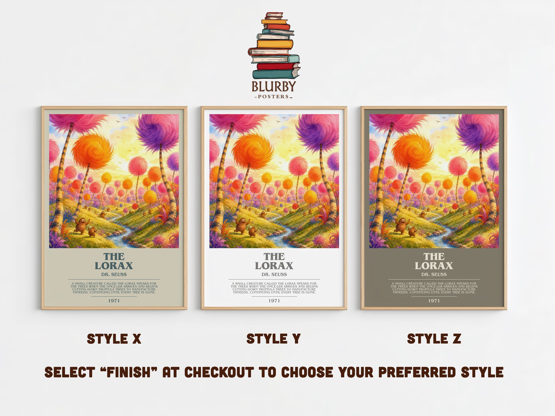 The Lorax bookish print in frame leaning in hallway – childrens wall art
