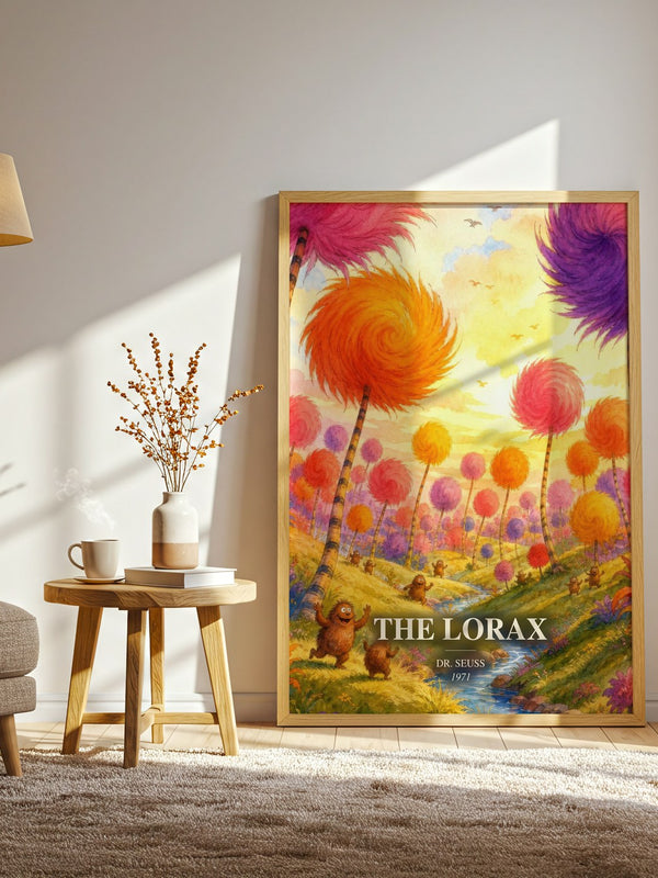 The Lorax watercolour print in frame leaning in hallway – childrens wall art