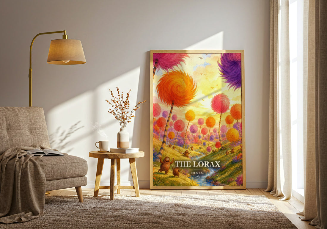 The Lorax watercolour print in frame leaning in hallway – childrens wall art (mockup)